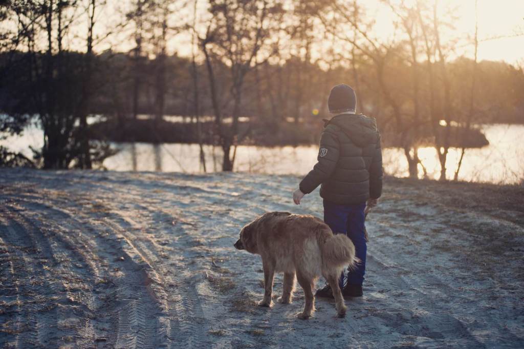 Boy walking dog. Encourage child with autism and ADHD to exercise.