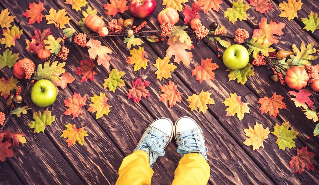 Child's shoes among leaves and apples